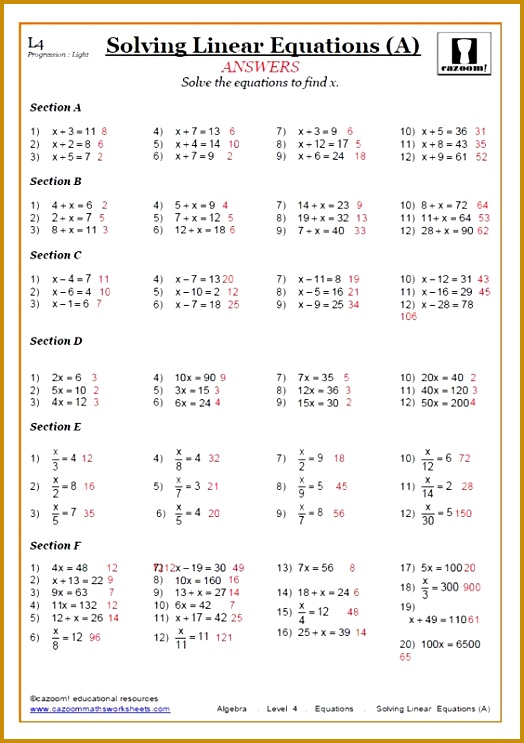 Solving Linear Equations Worksheets PDF 524743