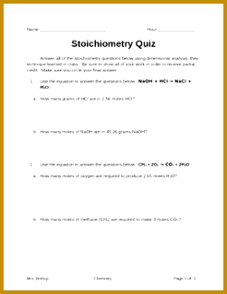 Quiz covering dimensional analysis stoichiometry and balancing equations Can be used as a 325251