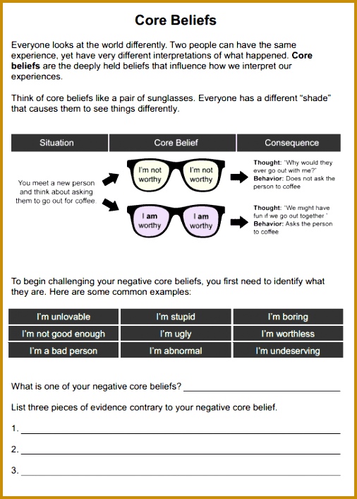 Core Beliefs worksheet for self esteem 706506