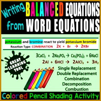 Writing Balanced Equations Word Equations COLORED PENCIL ACTIVITY EDITABLE Chemistry WorksheetsClassroom 325325