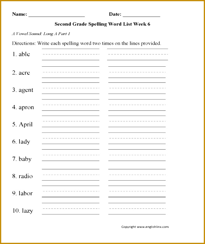 Week 6 Long A Vowel 1 Second Grade Spelling Words Worksheets 816684