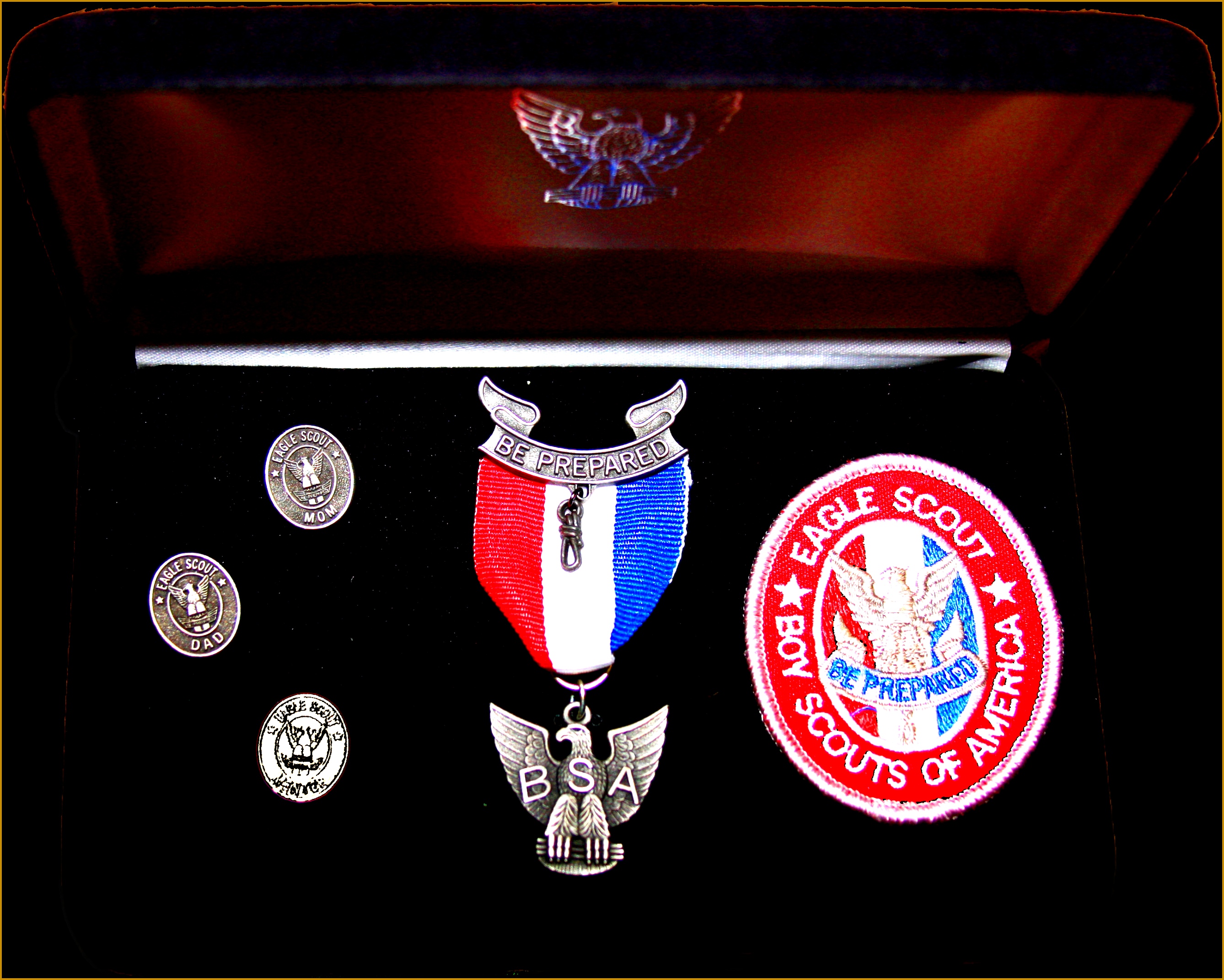 Eagle Scout Boy Scouts of America fksln An Eagle Scout presentation kit including Mother s oval pin Dad s oval pin Mentor oval pin Eagle badge and Eagle award medal 21422676