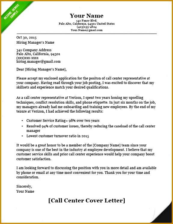 Call Center Cover Letter Example 744576