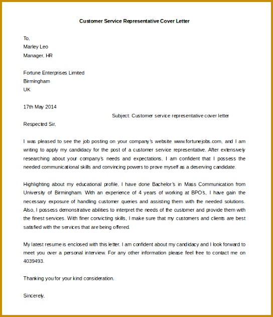 Download Customer Service Representative Cover Letter Template 544632