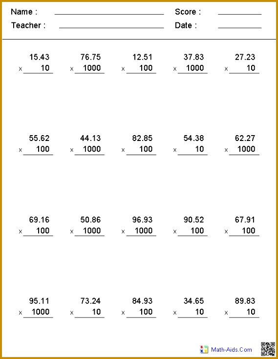 Multiplying by powers of ten with decimals worksheet drills 736569