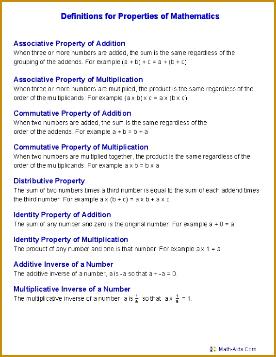 Definition for Properties of Mathematics Worksheets 736569