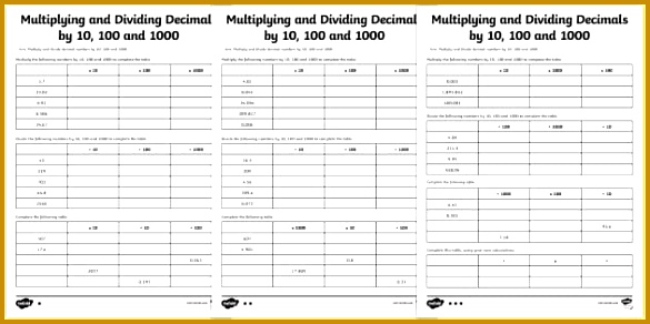 Year 6 Multiplying and Dividing Decimals by 10 100 and 1000 Activity Sheet 292585