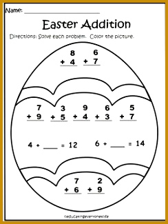 This is a FREE Easter addition worksheet for you to print and use with your students The students solve the problems and color the Easter egg 325244