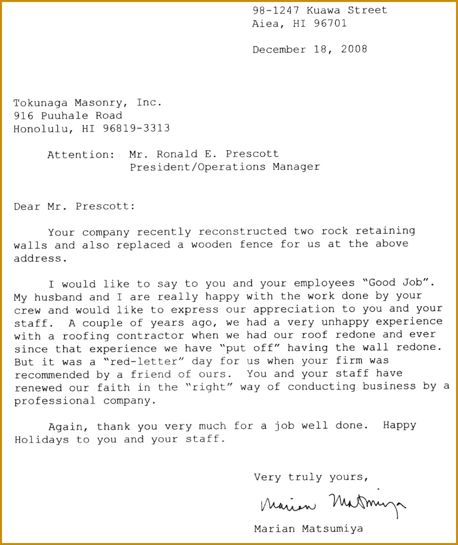 Customer Service Appreciation Letter Sample 1107930