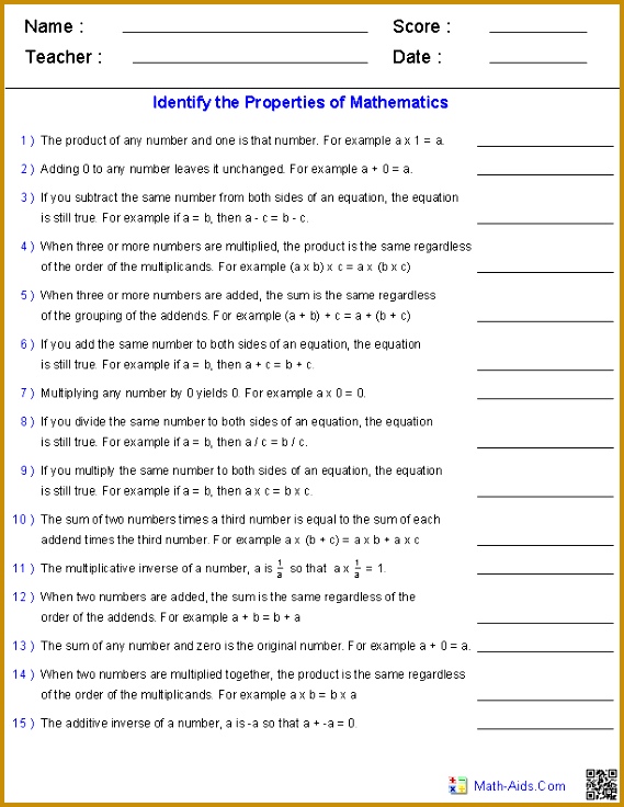 Identity And Equality Properties Worksheet 736569