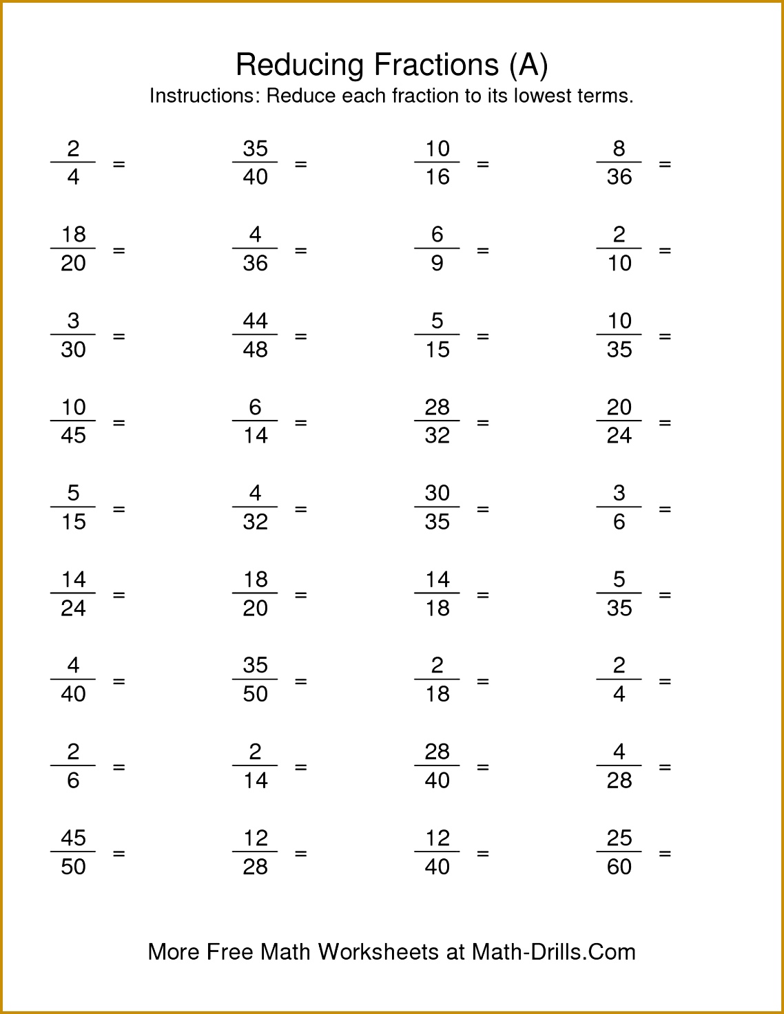 The Reducing Fractions to Lowest Terms A math worksheet from the Fractions Worksheet page 14731138