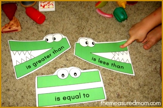 Less than greater than" math activity using toys The socLf These alligator great than less than printables are wonderful for paring numbers 365548