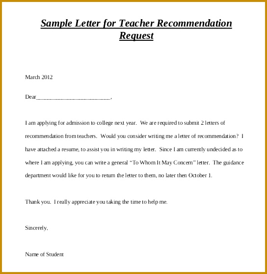 sample letter for teacher re mendation request 544558