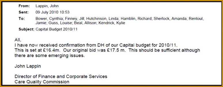 The previous year the CQC had to write a desperate five page letter to the Department of Health asking asking that they be considered for some additional 304774