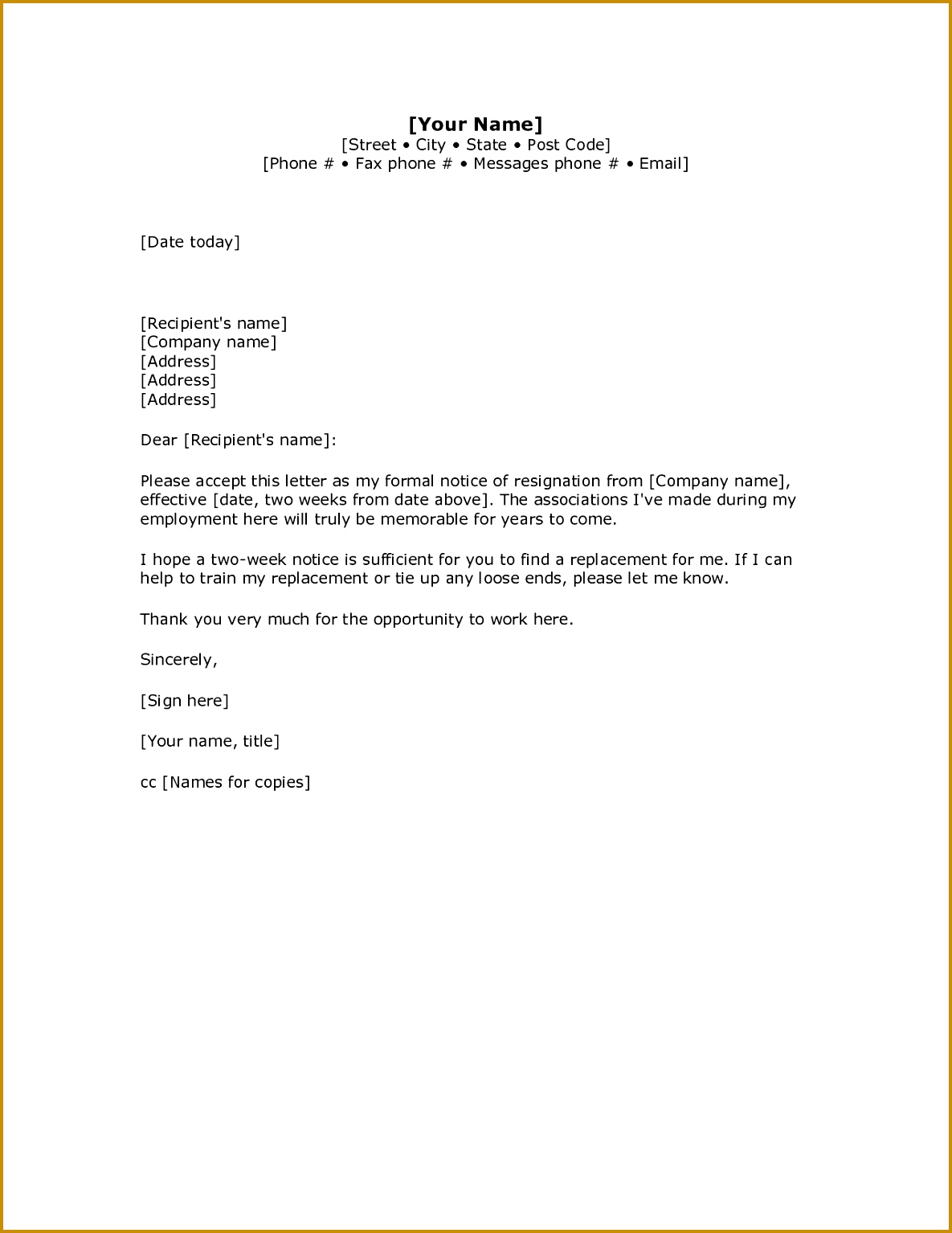 Sample resignation letter template · Two Weeks Notice Letter 15341185