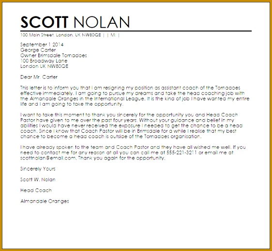 Coaching Resignation Letter Sample 518562
