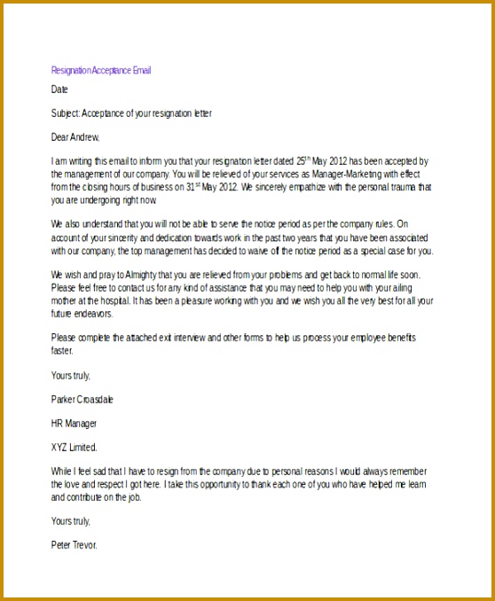 Resignation Acceptance Email 678558