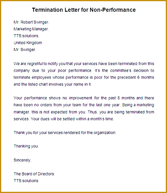 Sample Termination Letter for Non Performance 661573