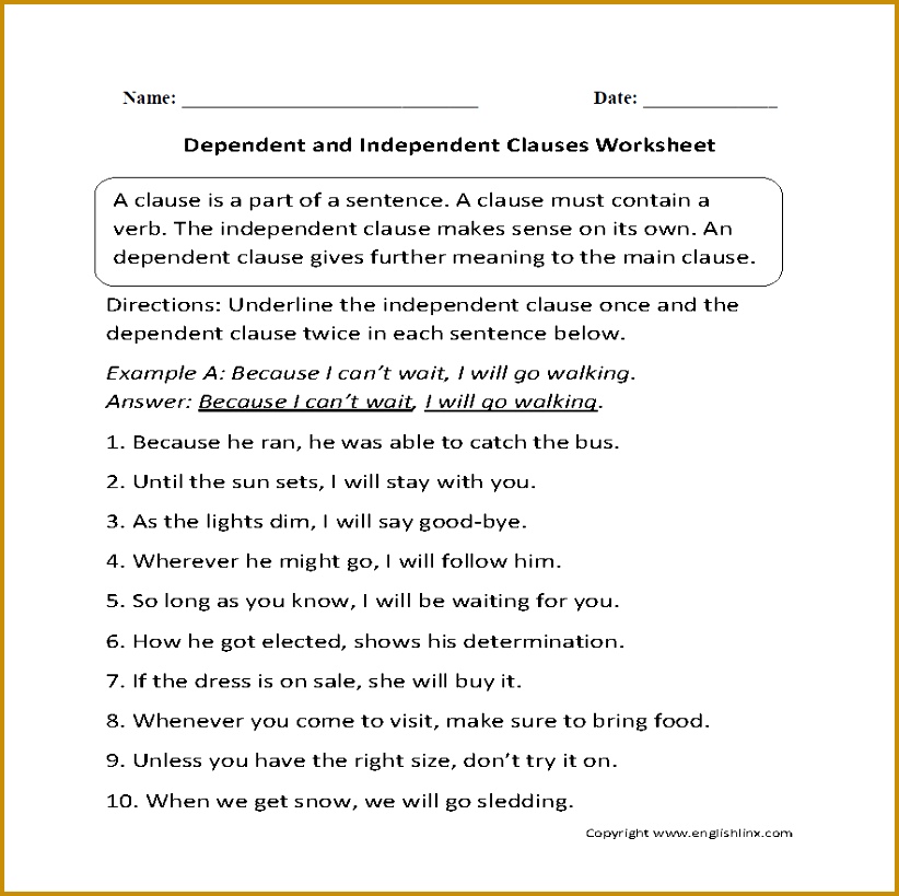 Dependent and Independent Clauses Worksheet 819822