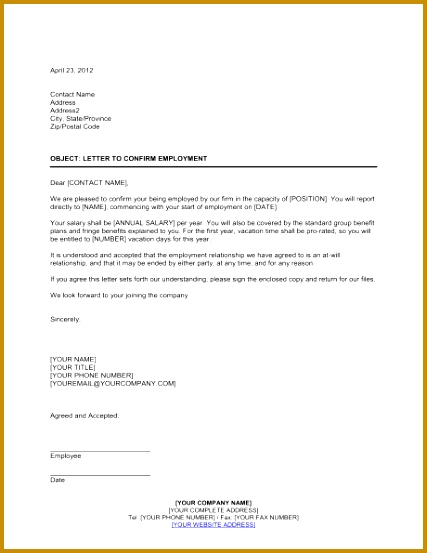 Letter Confirming Employment 427553