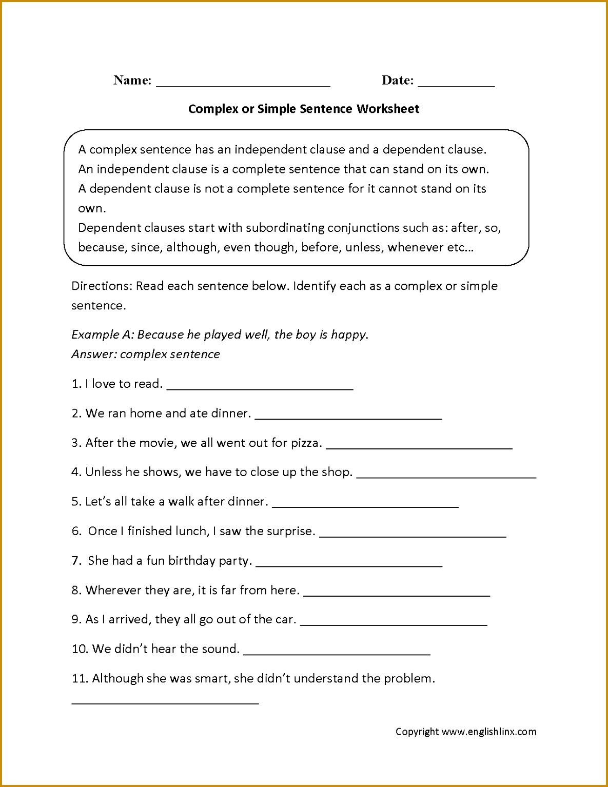 English writing · plex or Simple Sentences Worksheet 15341185