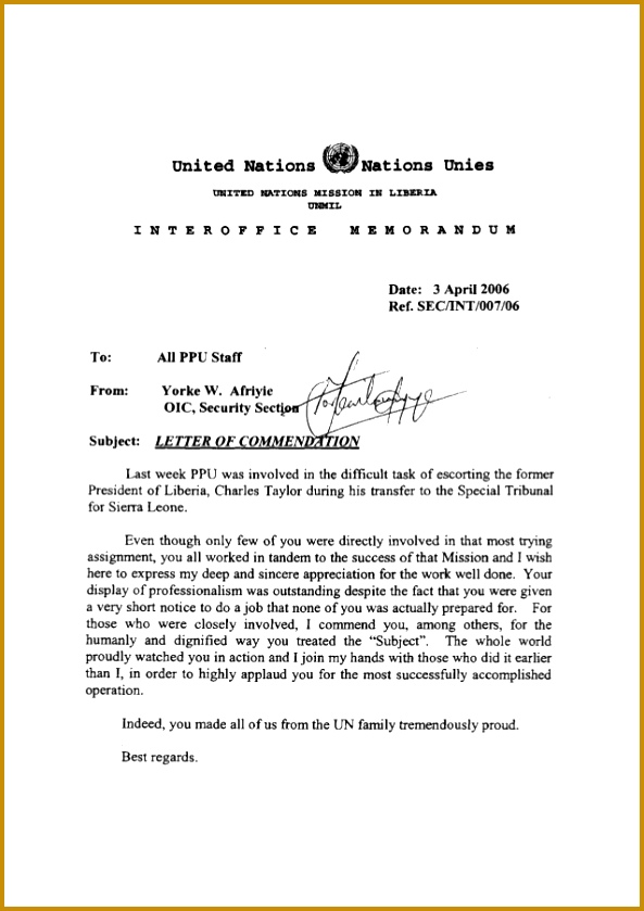Letter of mendation CSA united Nations Nations Unies UNITED NATIONS MISSION IN LIBERIA UNMIL I N T E R O F F I C E M E M O R A N D U M Date 3 Apr 593839