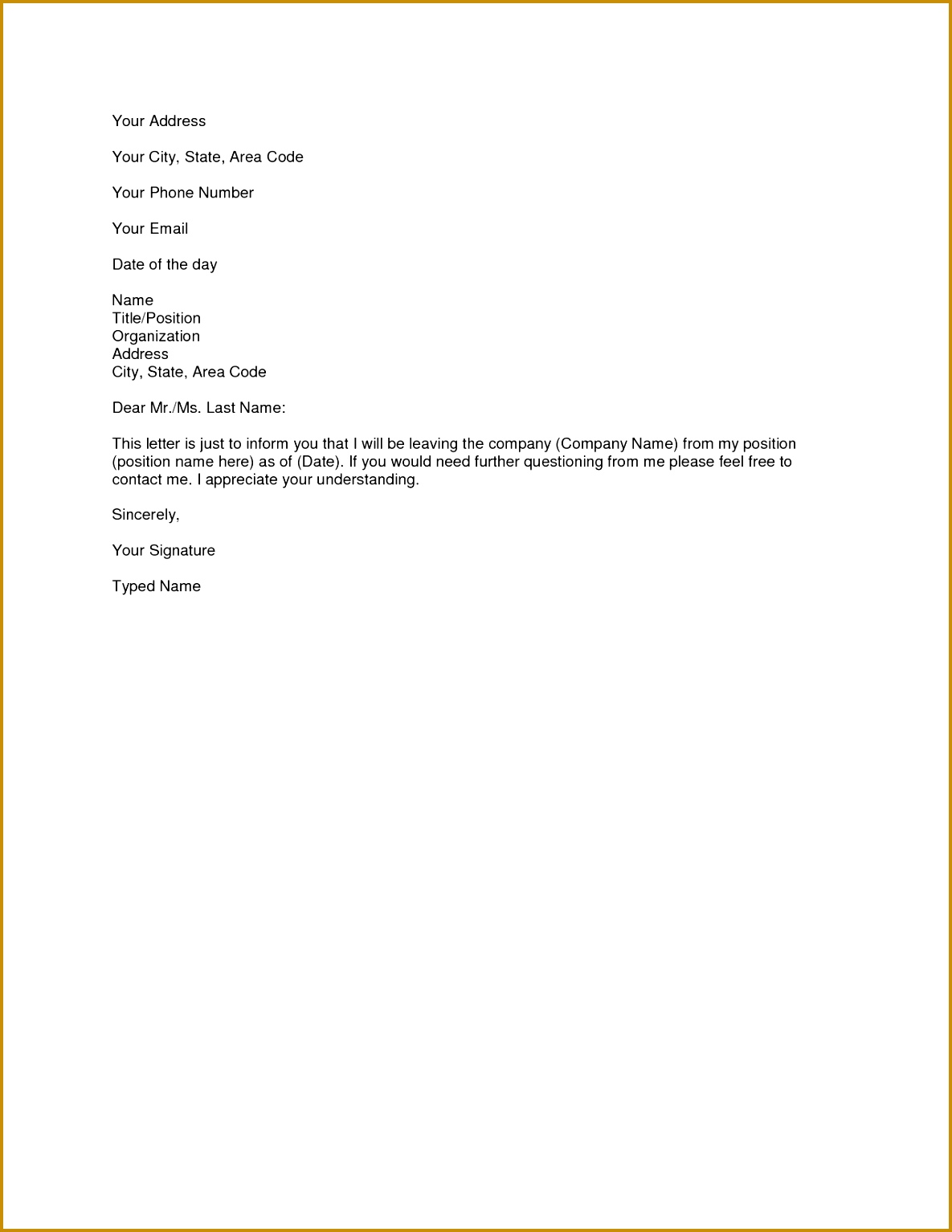 Printable Sample Letter of Resignation Form 11851534