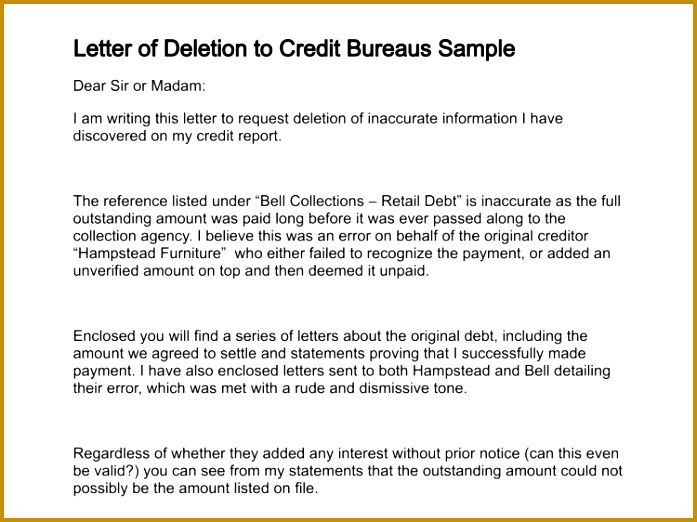 Letter Deletion Letter To Credit Bureau To Remove Paid Debt 522697