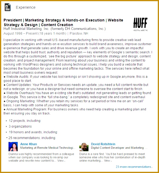 dianna huff experience linkedin example 541591