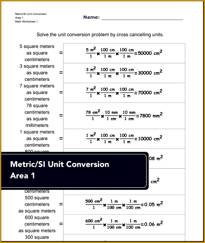 Unit conversion worksheets for converting metric SI area to other metric units 810684