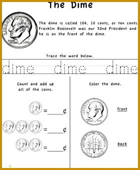 Kindergarten First Grade Money Worksheets Learn the Coins The Dime 340279