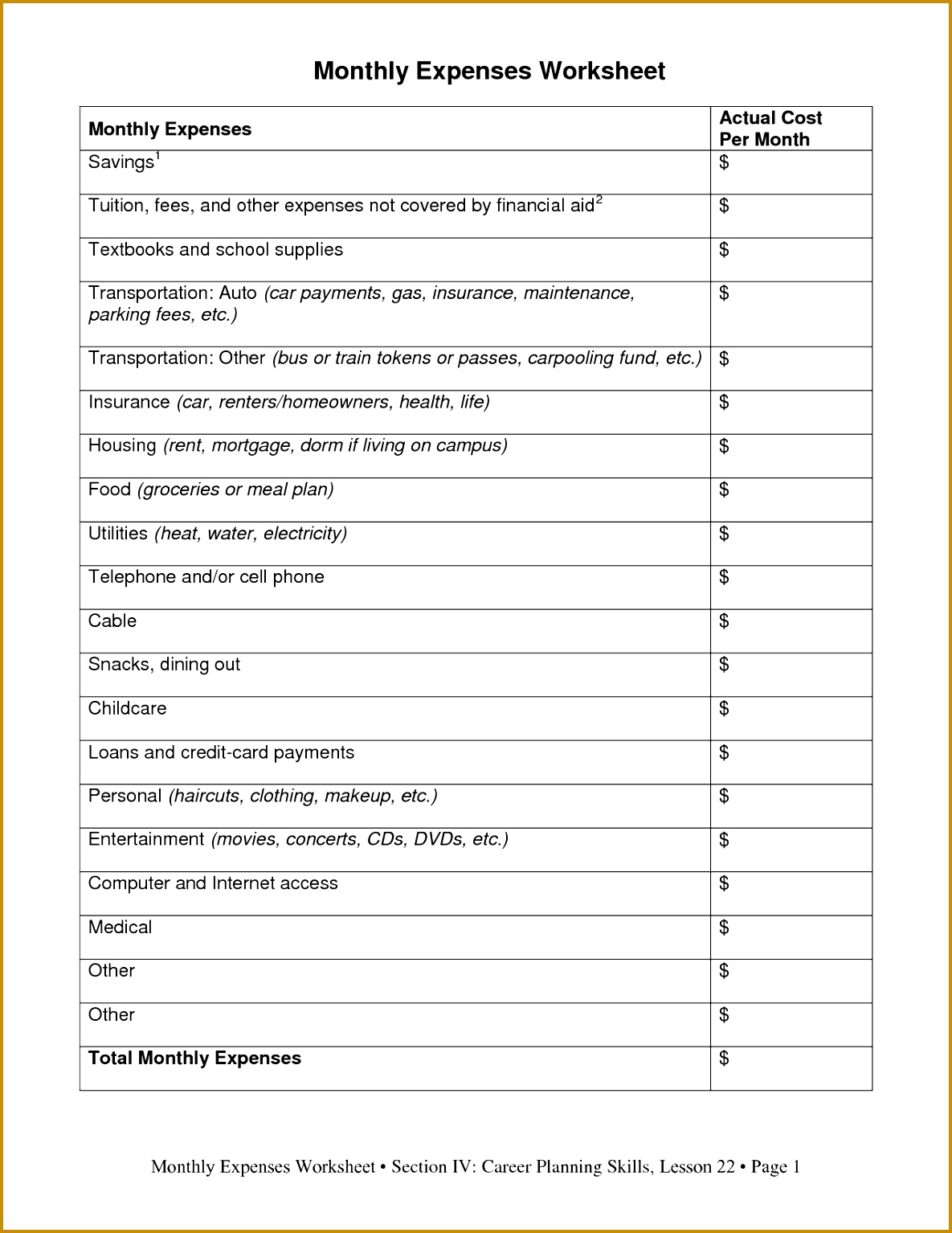 Monthly Expense Worksheet Template 15341185