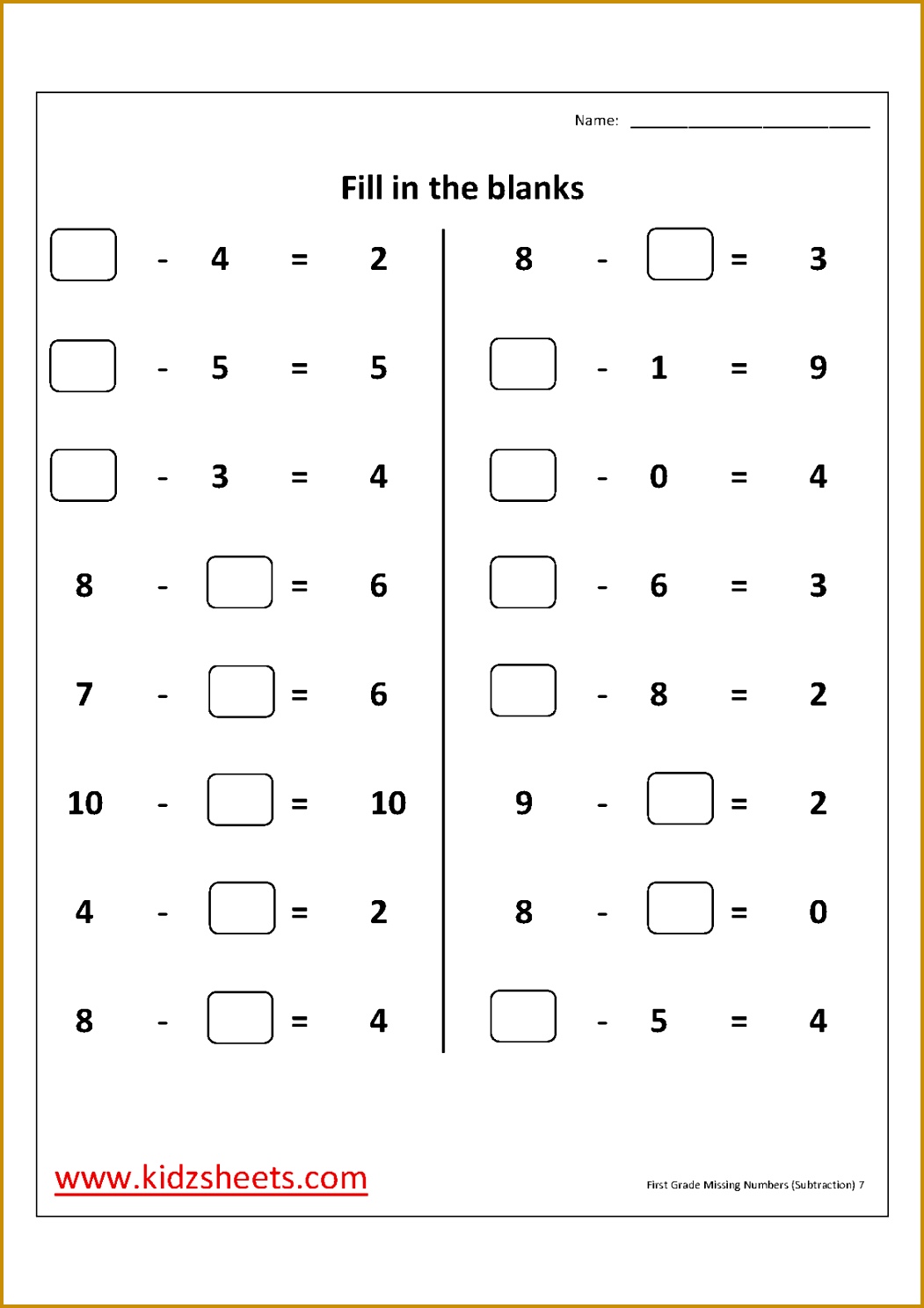 First Grade Missing numbers Subtraction Worksheets 14881051