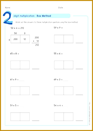 Box method multiplication 2 digit numbers worksheets PDF 553391
