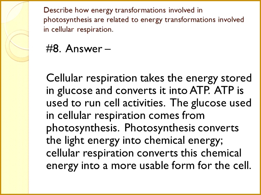Describe how energy transformations involved in photosynthesis are to energy transformations involved in cellular respiration 669892