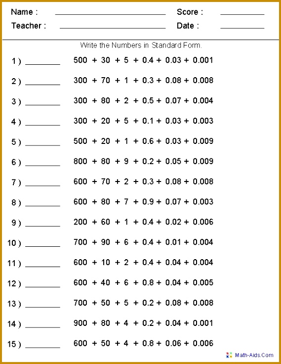 Standard Form with Decimals Place Value Worksheets 736569