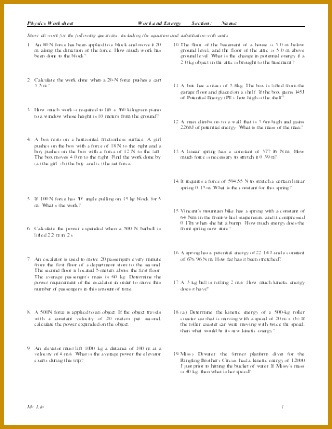 Physics Worksheet Work and Energy 429332