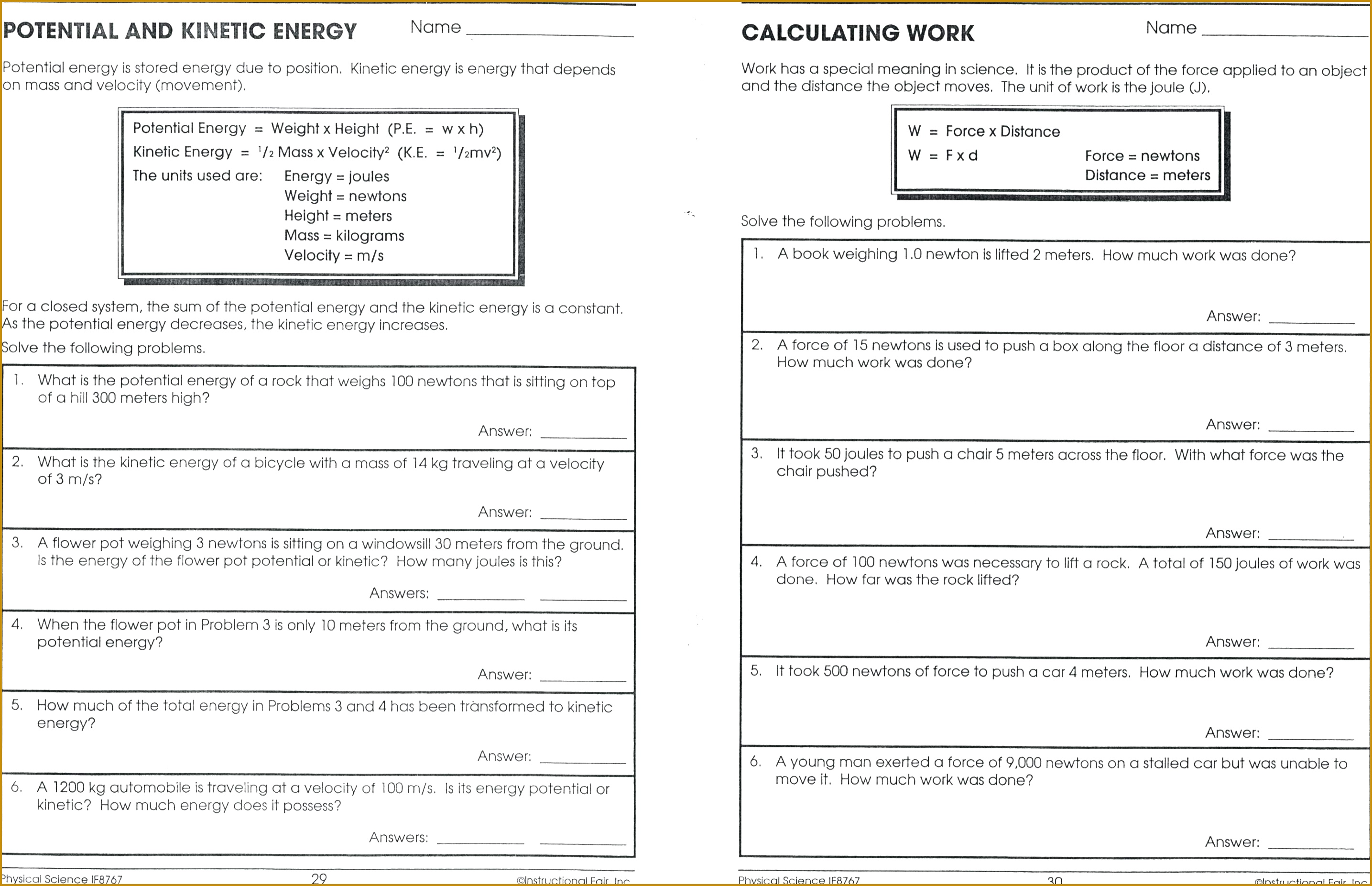 worksheets on potential and kinetic energy 18532870