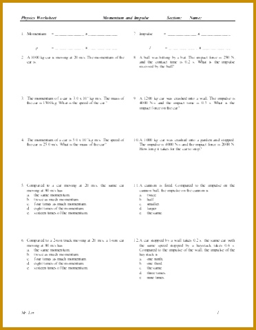 Physics Worksheet Momentum Impulse Work and Energy 479372