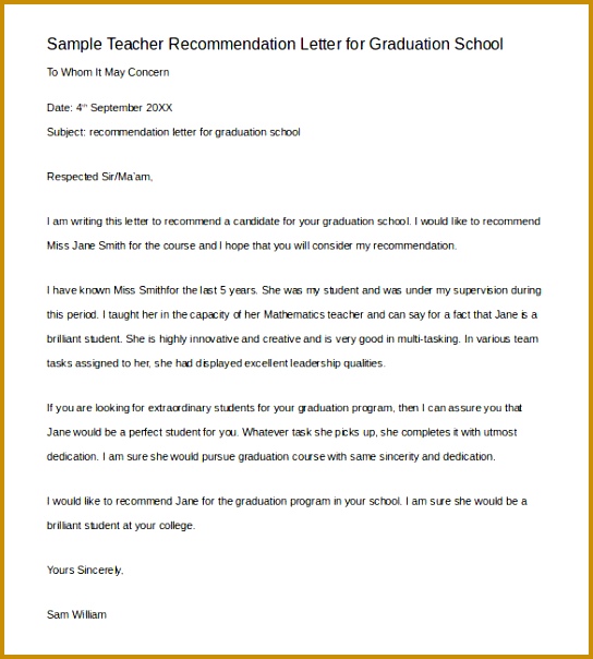 sample teacher recommendation letter for graduation school 604544