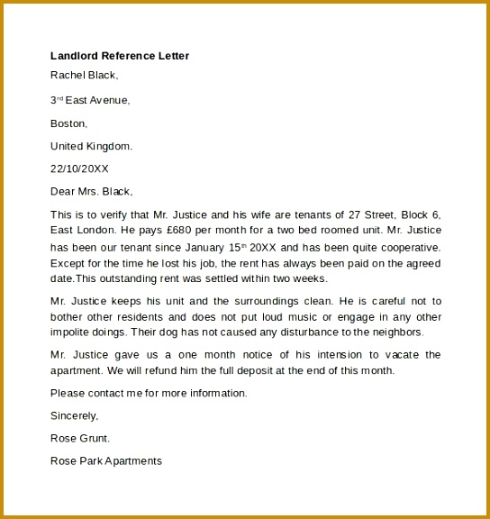 Landlord Re mendation Letter Sample Landlord Reference Letter 544576