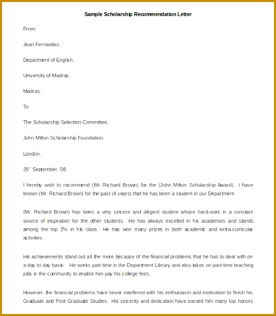 Scholarship Re mendation Letter Template Sample Download 623544