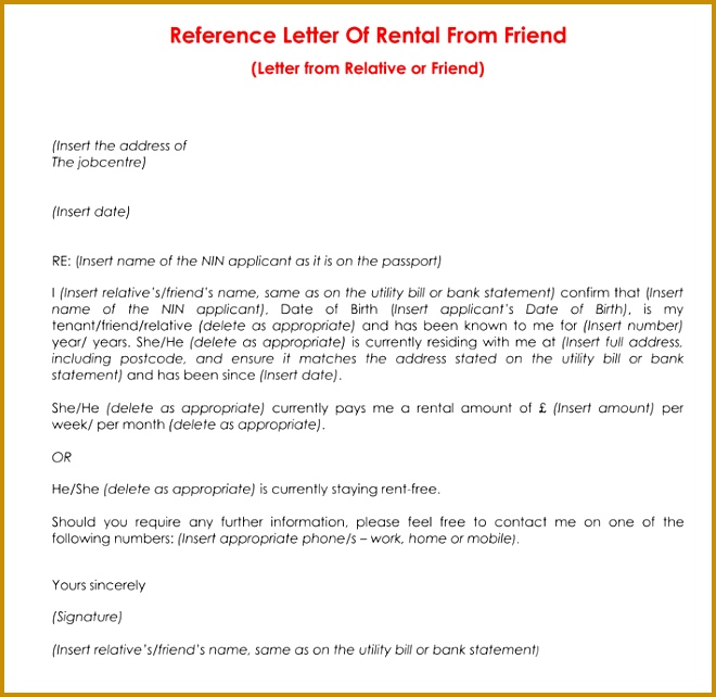 Friend Rental Reference Letter Format 642660