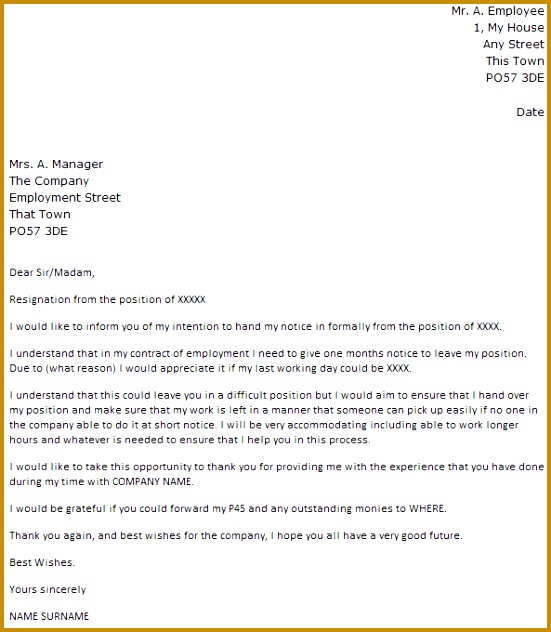 Shorter Notice Period Resignation Letter Example 551632
