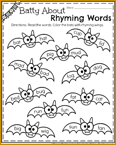 Halloween Kindergarten Worksheets Black Bats Rhyming Words Color the bats with rhyming wings 465372