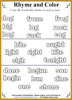 Teach your child how to rhyme with these printable rhyming worksheets Color the rhyming word and objects for each section then 243334