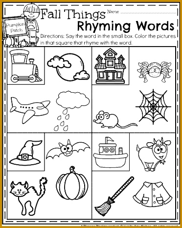 Fall Kindergarten Worksheets for October Fall Things Rhyming Words 465372