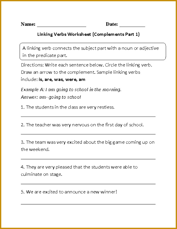 Linking Verbs and plements Worksheet · Grammar 736569