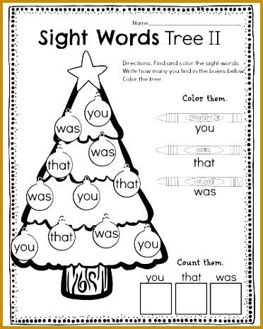 Kindergarten Math and Literacy Worksheets for December Sight Word 465372