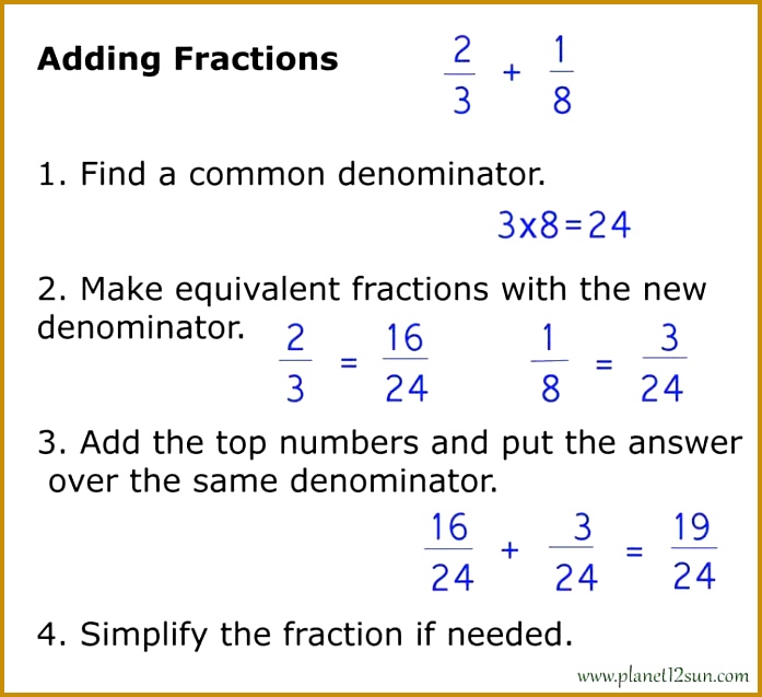 Make equivalent fractions with the new denominator 3 Subtract the top numbers numerators and put the answer over the same denominator 637697